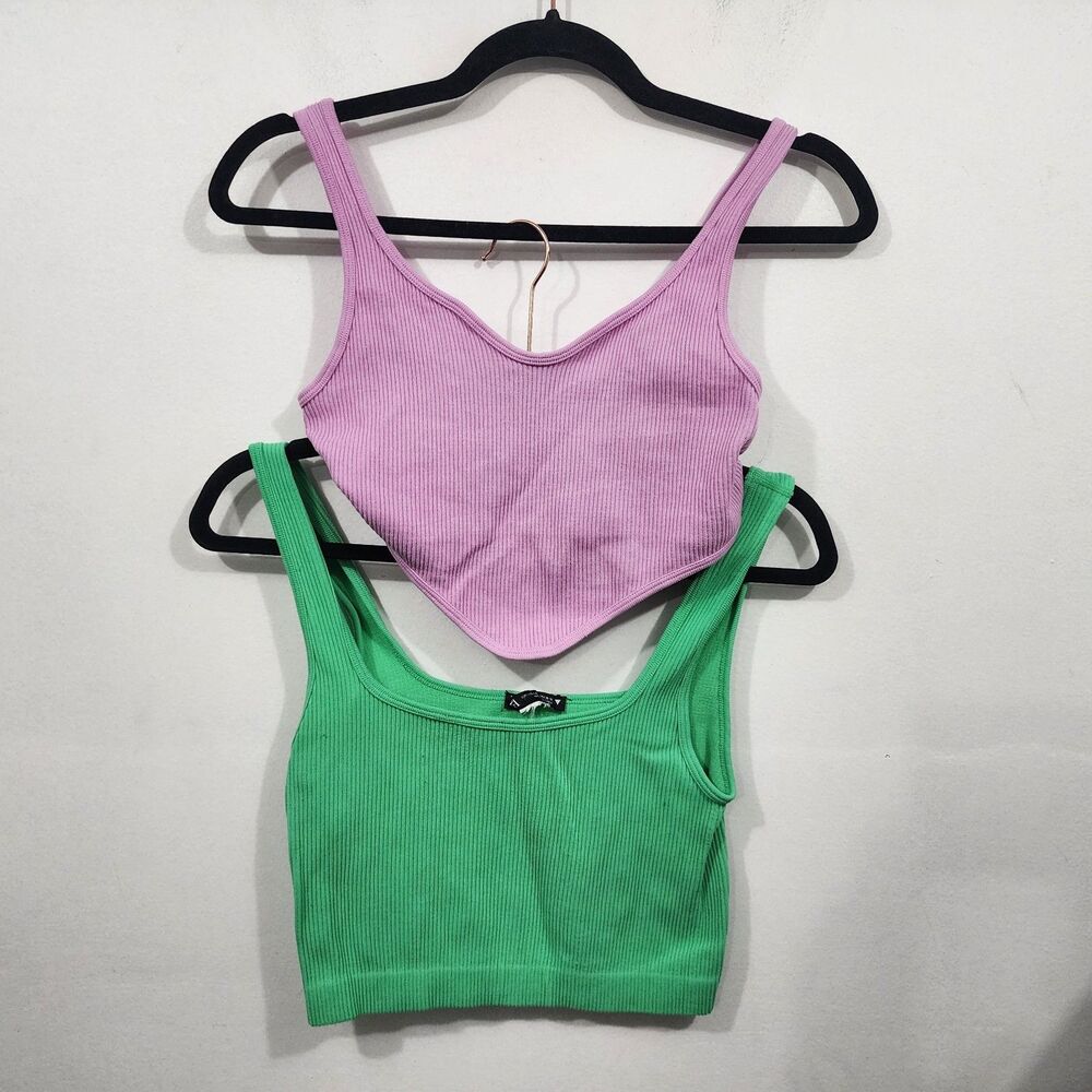 Zara Seamless Ribbed Cropped Tank Top Bralette Set Stretch Knit Green Purple M-L